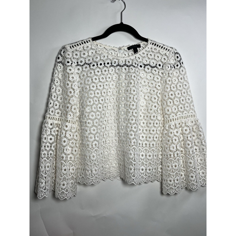 J CREW White Daisy Lace Boxy Top Blouse Bell-Sleeve Sz 2 Boho Floral Whimsy - Picture 1 of 15